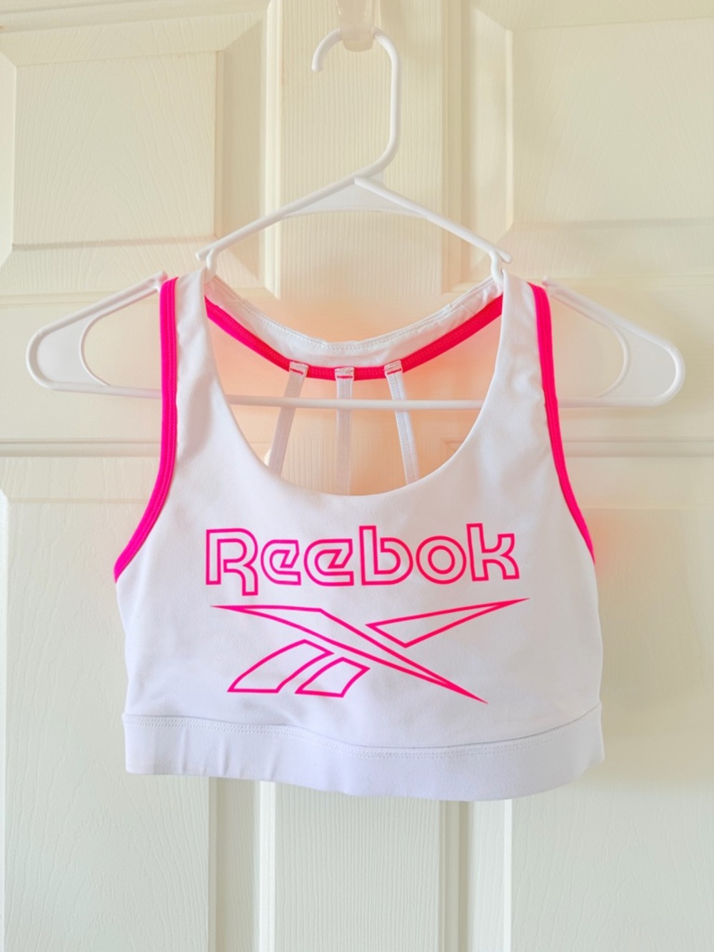 Reebok White and Hot Pink Logo Sports Crop